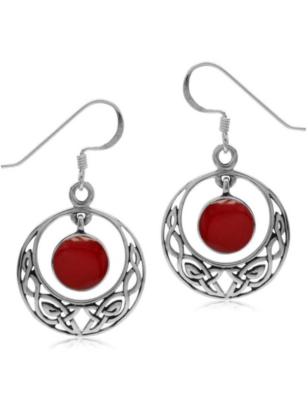 Celtic Knot Circle Inlay Dangle Hook Earrings - 925 Sterling Silver, Natural